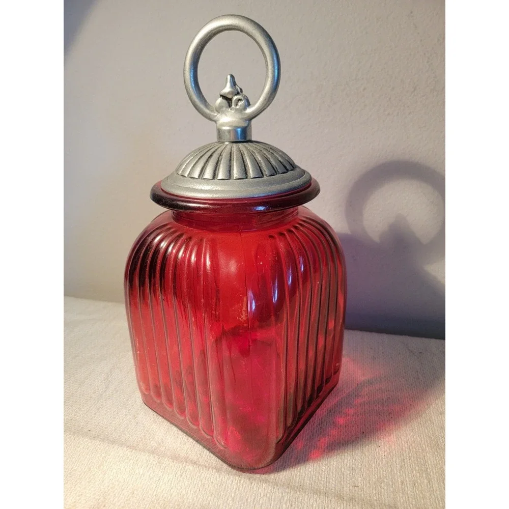 Vintage Artland‎ Painted Red Ribbed Glass Kitchen Canister Jar w Lid Large
